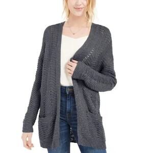 Pink Rose Gray Knit Open Front Cardigan Sweater M